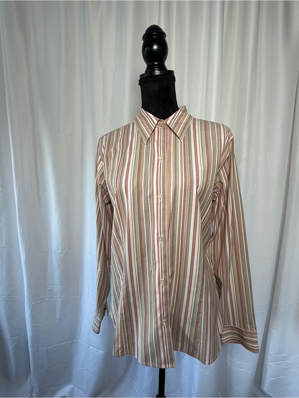 Eddie Bauer Striped Button Down Shirt L Pink Blue Wrinkle Resistant Stretch